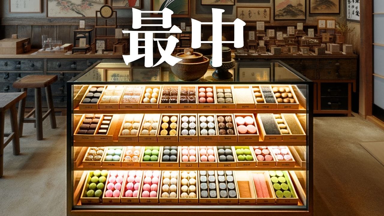 最中専門店。店内中央にはガラスのしおーケースがあり、中には桜味や抹茶味など様々なフレーバーの最中が並んでいる。