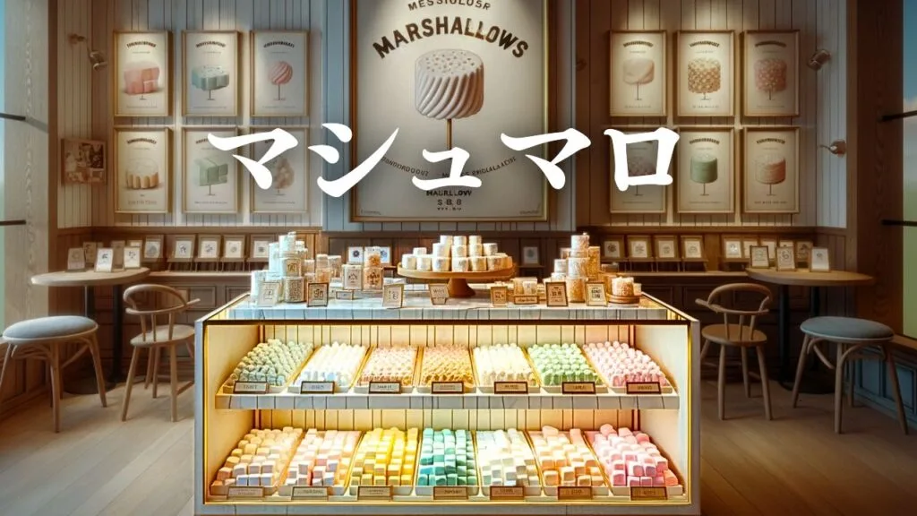 マシュマロ専門店。ガラスショーケースの中には15種類のマシュマロがキレイに並べてある。