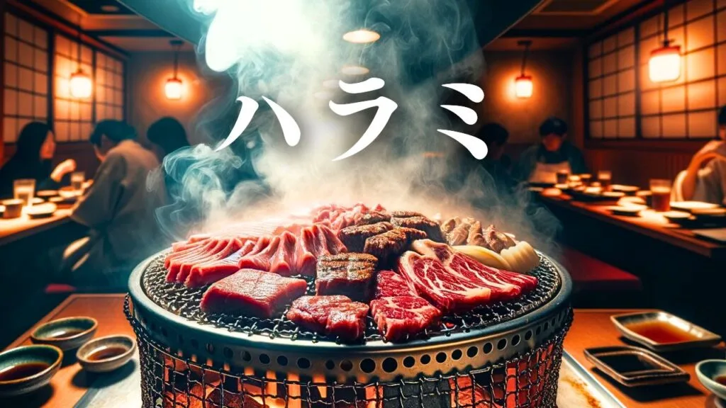 焼肉屋さんの店内。七輪の上にお肉がたくさん置かれており、煙や湯気が立ち食欲をそそる光景になっている。