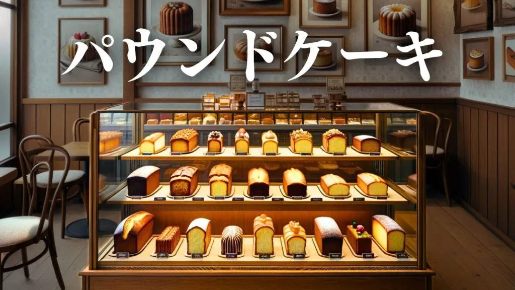 パウンドケーキ専門店の中のガラスショー消すの中には、様々な種類のパウンドケーキが約20種類並んでいる。