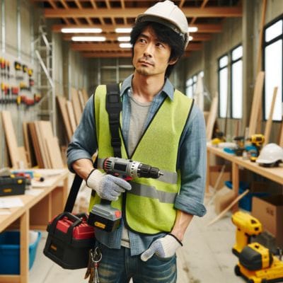 内装作業をしている男性。工具をもちながらめんどうくさそうな顔をしている。