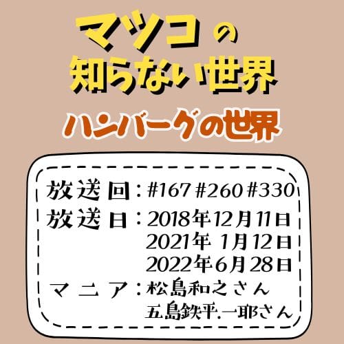 マツコの知らない世界
「ハンバーグの世界」
放送回：＃167、＃260、＃330
放送日：2018年12月11日、2021年1月12日、2022年6月28日
マニア：松島和之さん、五島鉄平さん、一耶さん