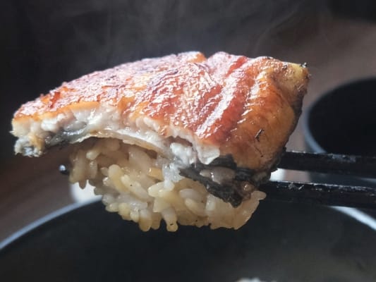 うなぎ処 古賀の蒲焼「竹」のうなぎをご飯といっしょに箸で持ち上げている。うなぎの断面はジューシーな脂の照りが見える