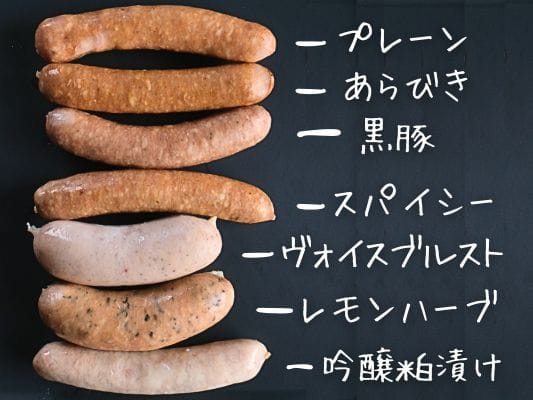 FOR365のソーセージ7種類を並べ、それぞれプレーン、あらびき、黒豚、スパイス、ヴァイスブルスト、レモンハーブ、吟醸粕漬けと手書き風に名前を入れた比較画像。