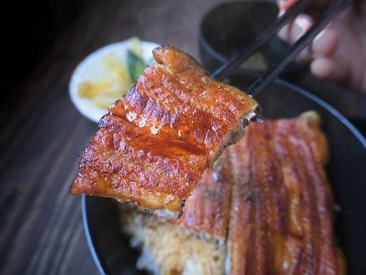 タレがついて照りのあるうなぎ処 古賀の蒲焼「竹」の鰻を箸で持ち上げている