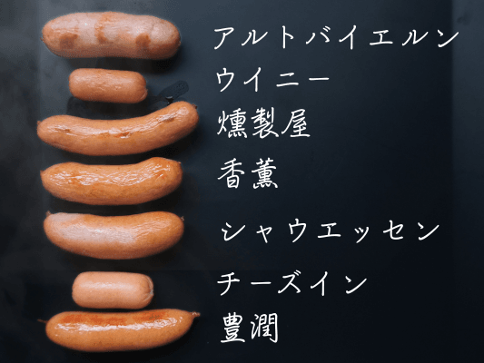 市販ソーセージ7種類（アルトバイエルン・シャウエッセン・燻製屋・香薫・チーズイン・豊潤・ウイニー）を1本ずつ並べている。