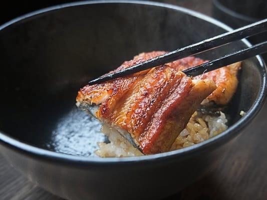 うなぎ処 古賀の蒲焼「竹」の鰻を一切れ箸で持ち上げている