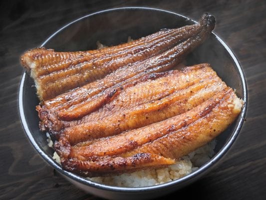 お取り寄せしたうなぎ四代目 菊川「一本うなぎ」をご飯の上にのせてうな丼にしている。