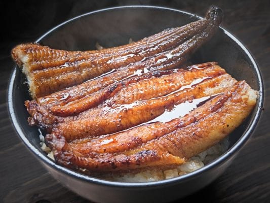 うなぎ四代目 菊川「一本うなぎ」をうな丼にして、追加でかけたうなぎのたれが光っている