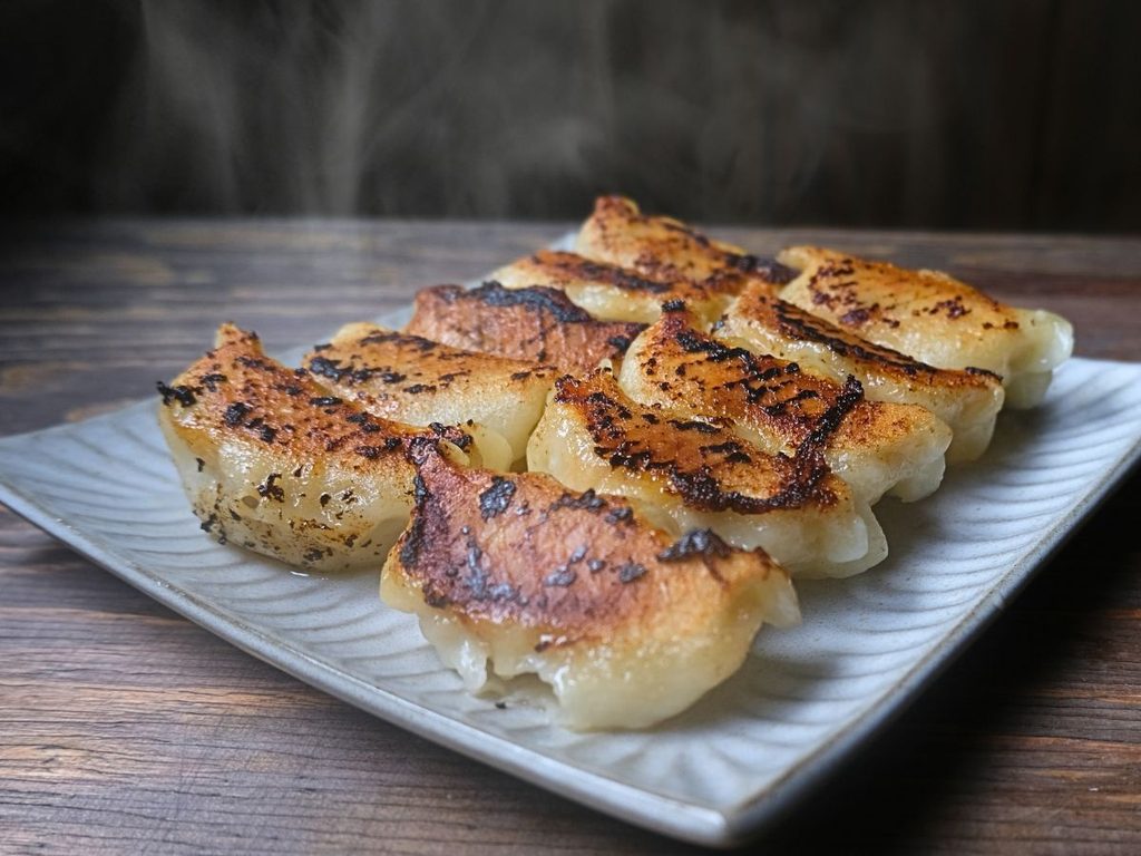 湯気が立つ焼きたての魔法の焼き餃子 糀タイプ