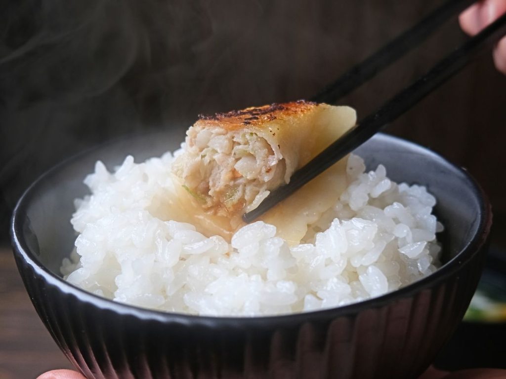 醤油につけた魔法の焼き餃子を箸で持った様子