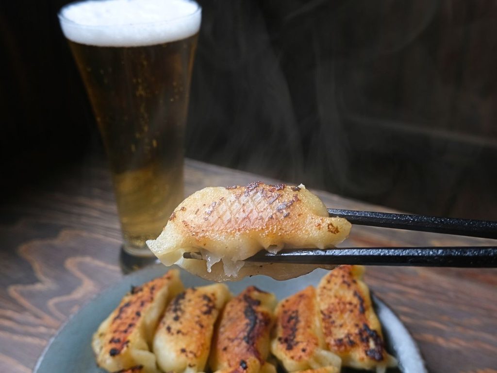 焼きたての魔法の焼き餃子を箸で持ち上げた様子