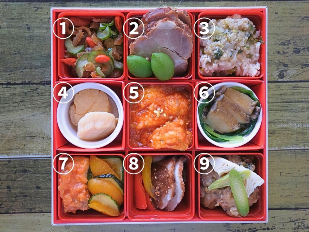 Oisix「本格中華オードブル 慶華」お重9品の番号付き全体写真